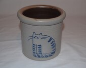 Rockdale Union Stoneware- Cat Feline Utensil Crock - Canister - Crock - Cambridge WI - Date Stamp 1990 - Handmade Pottery - Blue Glaze