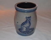 Rowe Pottery Works - Cat Feline Utensil Crock - Canister - Crock - Cambridge WI - Date Stamp 1991 - Salt Glaze Pottery - Blue Glaze Accents