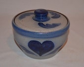 Rowe Pottery Works - Heart - Salt Sugar Spice Jar Pot Crock with Lid - Cambridge WI - Date Stamp 1992 - Salt Glaze Pottery - Blue Glaze