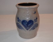 Rowe Pottery Works - Utensil Crock - Canister - Crock - Cambridge WI - Date Stamp 1989 - Salt Glaze Pottery - Heart Blue Glaze Accents