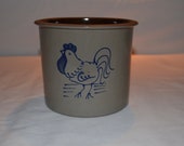 Beaumont Brothers Pottery - Handpainted Rooster Chicken Design - Utensil Spoon Crock - Crooksville OH - Gray Pottery with Blue Accents
