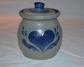 Rowe Pottery Works - Heart Pattern - Small Jar Pot with Lid - Cambridge WI - Date Stamp 1992 - Salt Glaze Pottery - Blue Glaze Accents