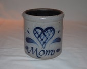 Rowe Pottery Works - MOM Heart - Utensil Spoon Crock - Canister - Cambridge WI - Date Stamp 1991 - Salt Glaze Pottery - Blue Glaze Accents