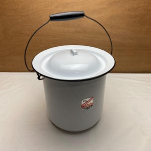 Vintage White Enamelware Pot & Cover U.S. Standard Flintstone - Wood Handle and Black Trim