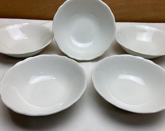 Royal Staffordshire Heirloom J&G Meakin England SET of 5 Coupe Cereal Bowls - White Ironstone China - Scalloped Rim