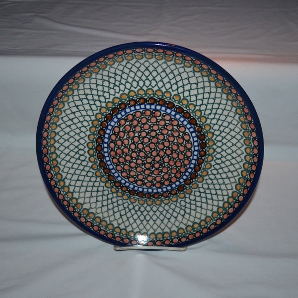 LARGE Plate Platter Unikat Boleslawiec Ceramika Artystyczna Polish Pottery Mosaic Blue Green Yellow Peach Accents