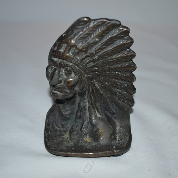 American Indian Chief - Cast Metal Bookend - Small Size - 4.25" x 3" x 1.75" - Feather Headdress - Great Aged Color Patina