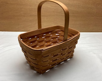 Handwoven Longaberger Wood Splint Gathering Market Berry Basket with Bent Wood Handle - Dated 1990 Dresden OH