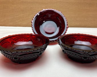 SET of 3 Avon 1876 Cape Cod Ruby Red Glass Bowls for Cereal Dessert Fruit 5.25" Diameter x 1.75" H - Pressed Glass