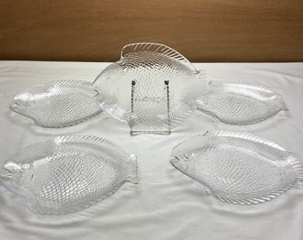 SET of 5 Pasabahce UNIQUE Fish Plates Stackable Clear Pressed Glass with Embossed Raised Scales Made in Turkey