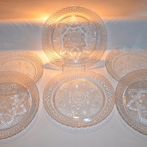 SET of 6 Vintage CLEAR Pressed Glass USA 10&quot; Dinner Plates Matches Ruby Red Luminarc Cristal d’Arques Durand