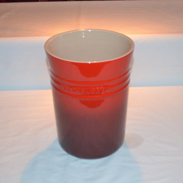 Le Creuset - TALL Red Utensil Crock - 4 Quart Canister - Storage Container - 10" H x 7 1/4" Diameter - Cream Tan Interior - France