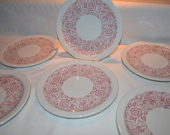 SET of 6 - Iroquois China - 9" Dinner Plate - White with Red Burgundy Flower - Similar to Syracuse Roxbury - Restaurant Railroad Hotel China