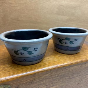 May include: Two round stoneware bowls with a light gray exterior and a dark interior. The exterior features a horizontal dark blue band near the base and a hand-painted green vine motif with small dark blue berries encircling the upper section.