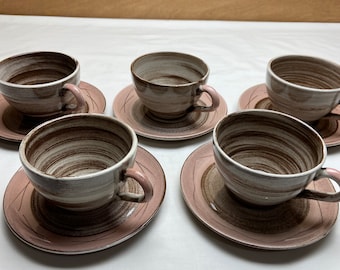 Vreni Coffee Cup and Saucer 5 SETS 10 Pieces Total Santa Anita Ware - California Dinner Ware - Stylized Spirals Brown and Pink