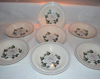 SET of 7 - Eggshell Nautilus White Rose Gray Band - 8.25" Soup Bowl - Homer Laughlin China - Restaurant Ware