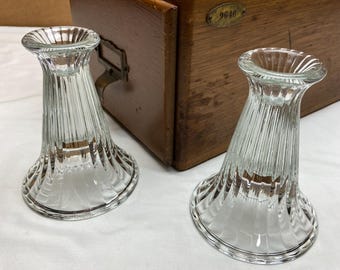 SET of 2 Vintage Ribbed Tapered Clear Glass Candlesticks - 5" H