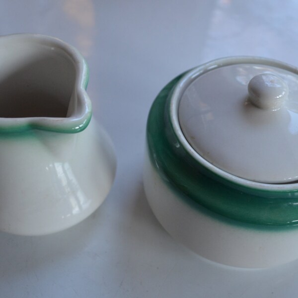 Buffalo China Creamer Sugar Bowl with Lid Set - White Ironstone - Dark Green or Turquoise Airbrushed Border - Vintage 1950s Restaurant Ware