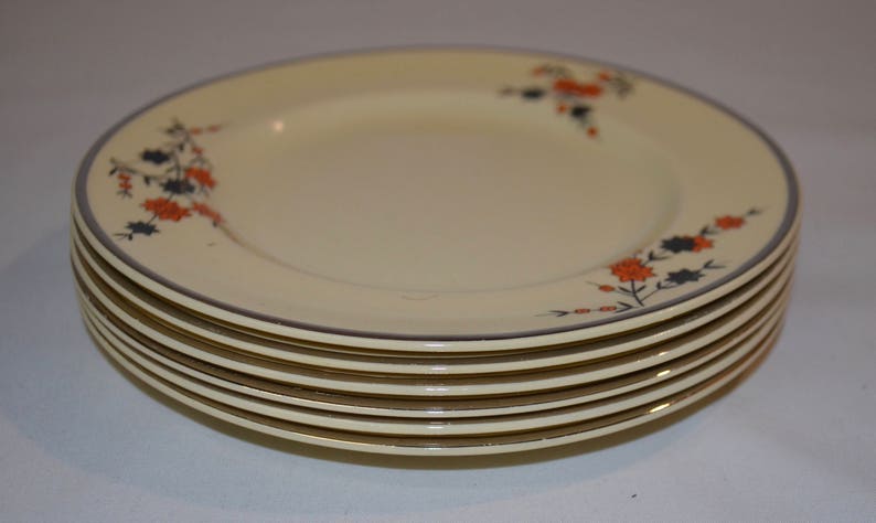 Cream with Brown Orange Floral Johnson Bros England English China Silver Rim SET of 6 Bread Butter Plates Victorian Argent RARE