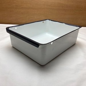 Vintage White Enamelware Pan Black Trim Fridge Refrigerator Container Medical Military Apothecary Bathroom Kitchen