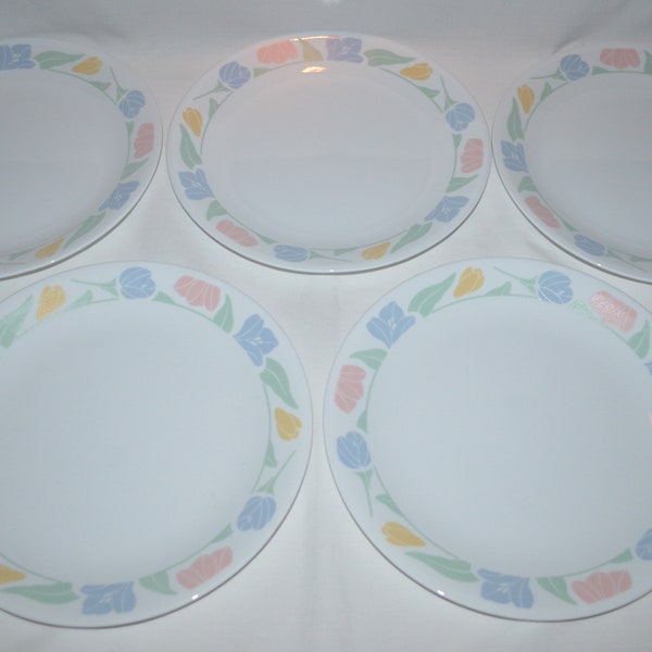 SET of 5 - Friendship - 10.25" Dinner Plates - Vintage Corelle by Corning - White with Pastel Blue Yellow Pink Tulips Spring Flowers