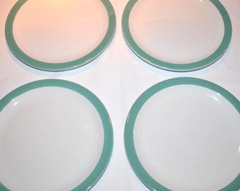 SET of 4 - Mayer China - 9" Dinner Luncheon Plate - White Vitrified China Turquoise Aqua Airbrushed Border - Vintage Restaurant Ware