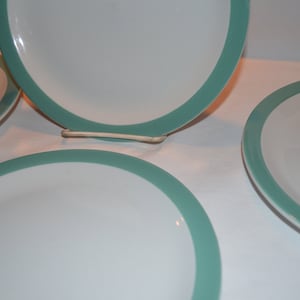 SET of 4 - Mayer China - 9&quot; Dinner Luncheon Plate - White Vitrified China Turquoise Aqua Airbrushed Border - Vintage Restaurant Ware