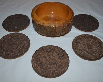 Vintage Live Edge Rustic Wood Bark Nut Bowl with 5 Cork Coasters - UNIQUE Smaller Size & Side Holes for Nutcracker - Ellwood Rusticware
