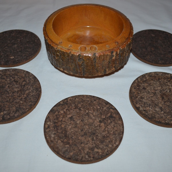 Vintage Live Edge Rustic Wood Bark Nut Bowl with 5 Cork Coasters - UNIQUE Smaller Size & Side Holes for Nutcracker - Ellwood Rusticware