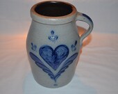 LARGE - 8 1 2 quot TALL Pitcher Vase with Handle - Rowe Pottery Works - Heart Pattern - 1987 Cambridge WI - Salt Glaze Pottery Blue Glaze Accent