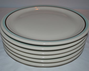 SET of 6 - Dinner Plates - 9.5" Diameter - Shenango Rim-Rol Wel-Roc China - White China with Wide Turquoise Blue & Thin Brown Trim Band