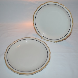 SET of 2 - Dorado Pattern - 8.75&quot; Dinner Plates - Homer Laughlin China - White China Scalloped Edge - Gold Black Rim