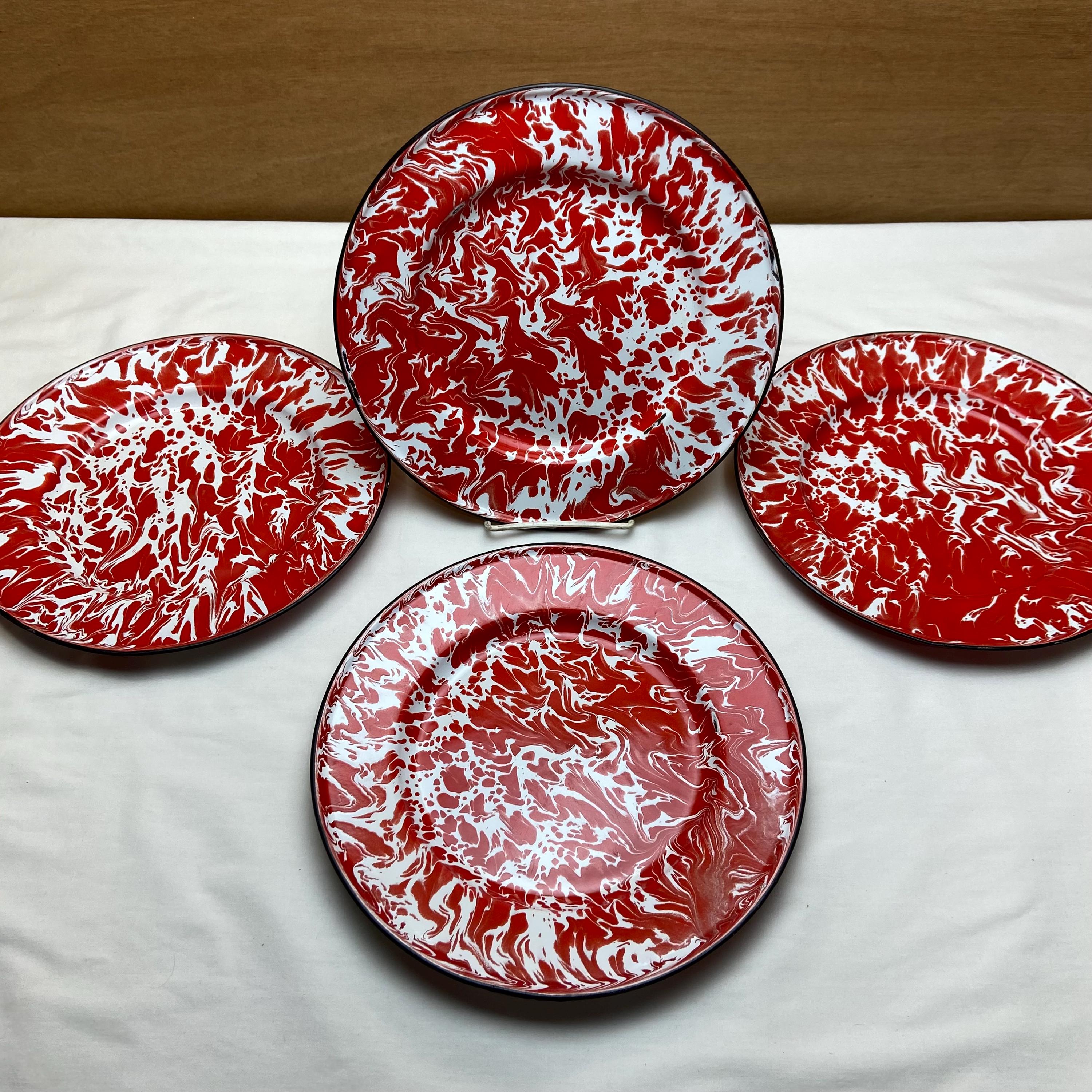 SET of 4 White Red Swirl Dinner Plates 10.25" Diameter Vintage Enamelware with Black Rim Graniteware Spatterware - Great for Camping