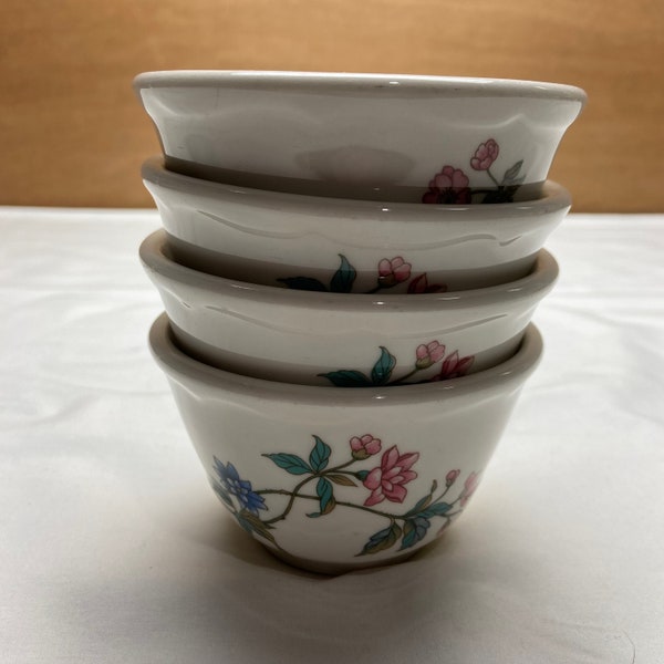 SET of 4 Custard Cup Dessert Bowls Syracuse China Summerdale White China Pink Flowers Blue Accents - Restaurant Ware - Railroad China