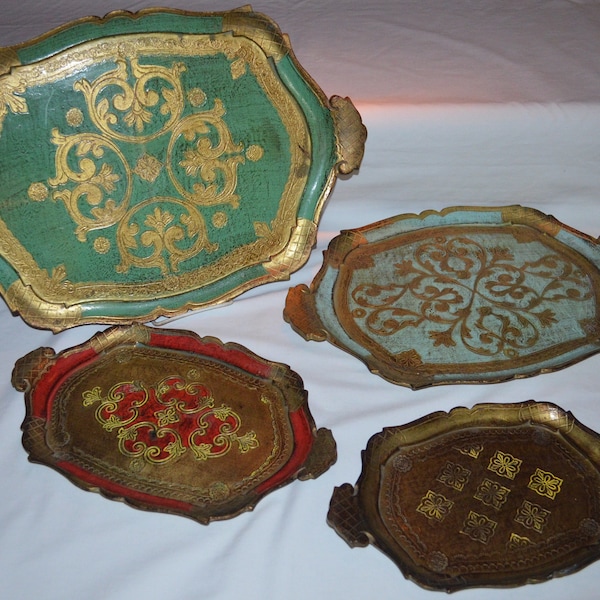 SET of 4 Trade Mark Made in Italy Italian Florentine Vintage Plastic Trays made to look like Baroque Rococo Gold Gilded Antique Trays