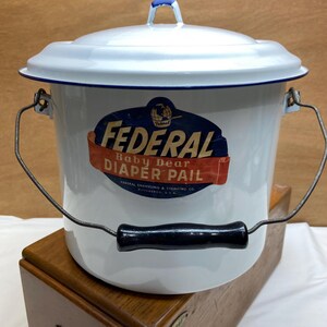 Vintage White Enamelware Pot & Cover Federal Baby Dear Diaper Pail - Wood Handle and Blue Trim