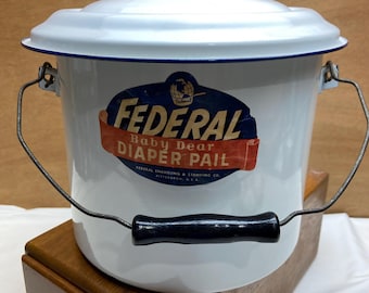 Vintage White Enamelware Pot & Cover Federal Baby Dear Diaper Pail - Wood Handle and Blue Trim