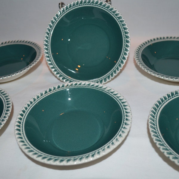 SET of 6 - Berry Fruit Dessert 5.5" Bowls - Harkerware Pate Sur Pate - Corinthian Chesterton - Dark Teal Green with White - Scalloped Edge