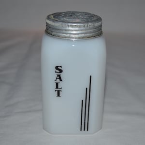 Vintage White Milk Glass - Square Salt Shaker - Art Deco Style - Aluminum Metal Screw on Top - Mid-Century Modern