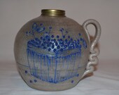 Salmon Falls Pottery - Oil Lantern Base ONLY - Berry Basket - Pottery Stoneware - Dover NH - Salt Glaze Gray Pottery with Raised Blue Glaze