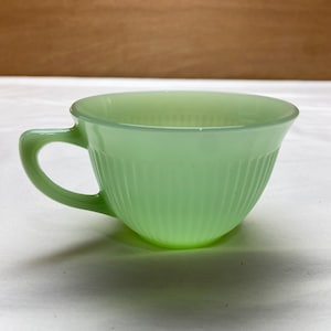Jane Ray Green Jadeite Fire King Oven Ware Ribbed Coffee Cup Teacup Green Milk Glass Anchor Hocking