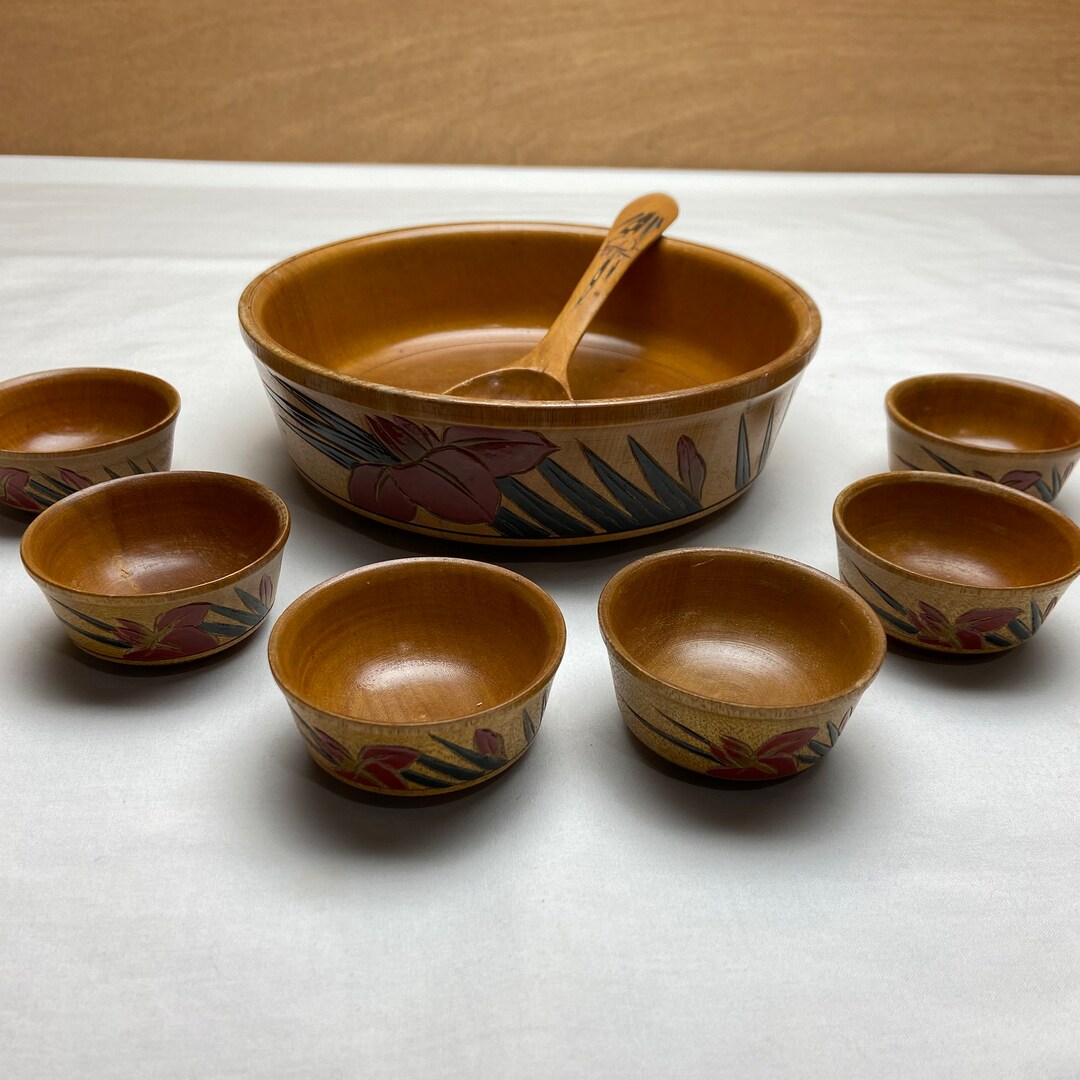 Vintage Wood Rice Bowl 8 Piece SET 1 Large 6 Small Bowls With Spoon ...