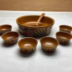 Vintage Wood Rice Bowl 8 Piece SET 1 Large 6 Small Bowls with Spoon Oriental Chinese Japanese Etched Painted Floral Design Made in Japan