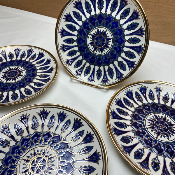 SET of 4 Greek KEPAMEIKOS Hand Made in Greece by Dakas Ceramic 8.25" Diameter Gold Blue Decorative Wall Plates