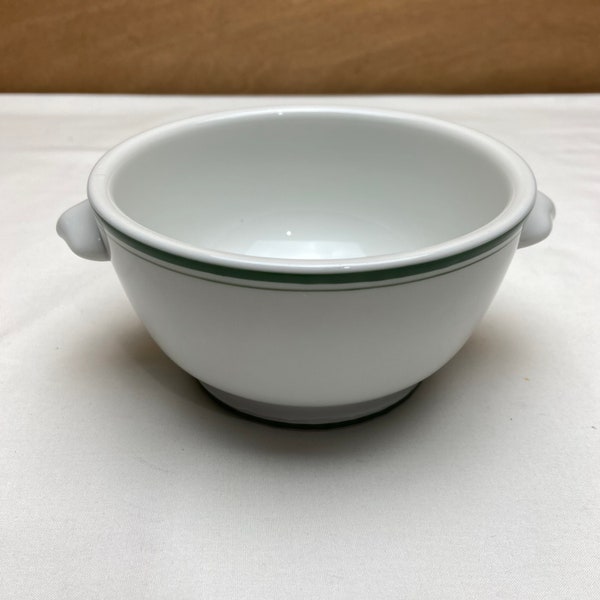 Pillivuyt White Porcelain China French Onion Soup Bowl with Pedestal Base and Side Handles Green Band Stripe Made in France