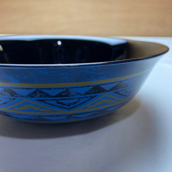 SET of 4 Yucatan Bowls Arcoroc France 6.25" Diameter - Cereal Salad Fruit Bowls - Black Glass with Blue & Gold Southwest Pattern