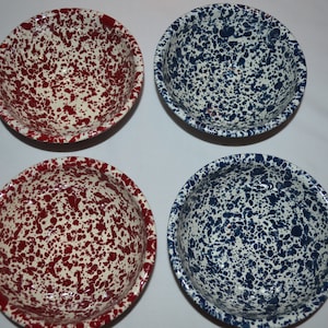 SET of 4 Bowls Two Colors Red and Dark Blue Enamelware Soup Salad Cereal Great for Camping