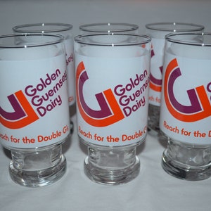 SET of 6 - Golden Guernsey Dairy - Drink Soda Glass - 5 1/2&quot; H - Reach for the Double G&#39;s - Farm Cows Milk - Excellent Condition