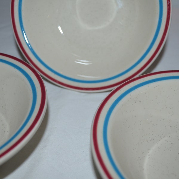 SET of 3 - Cereal Soup Chili Coupe Bowl - Syracuse China - Cream China with Brown Speckling - Simple Red Blue Trim - Vintage Restaurant Ware