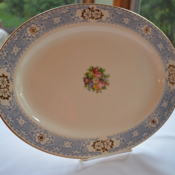 Royal Splendor Brittany Shape by Homer Laughlin - Oval Serving Platter - White China with Gold Blue Floral Pattern